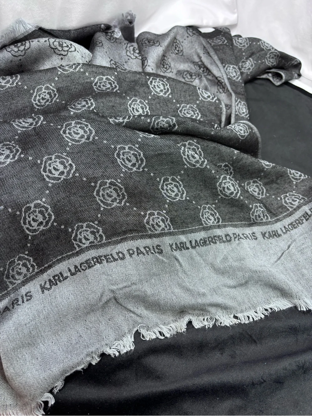 Karl Lagerfeld Paris Monogram Rose Print Oversized Wrap Scarf Gray Black Fringe
